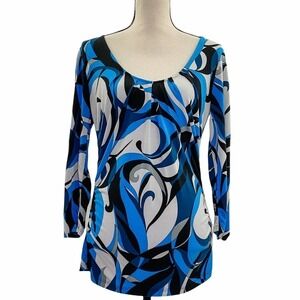NEW York & Company Stretch Blue Multicolored Graphic Long Sleeve Blouse